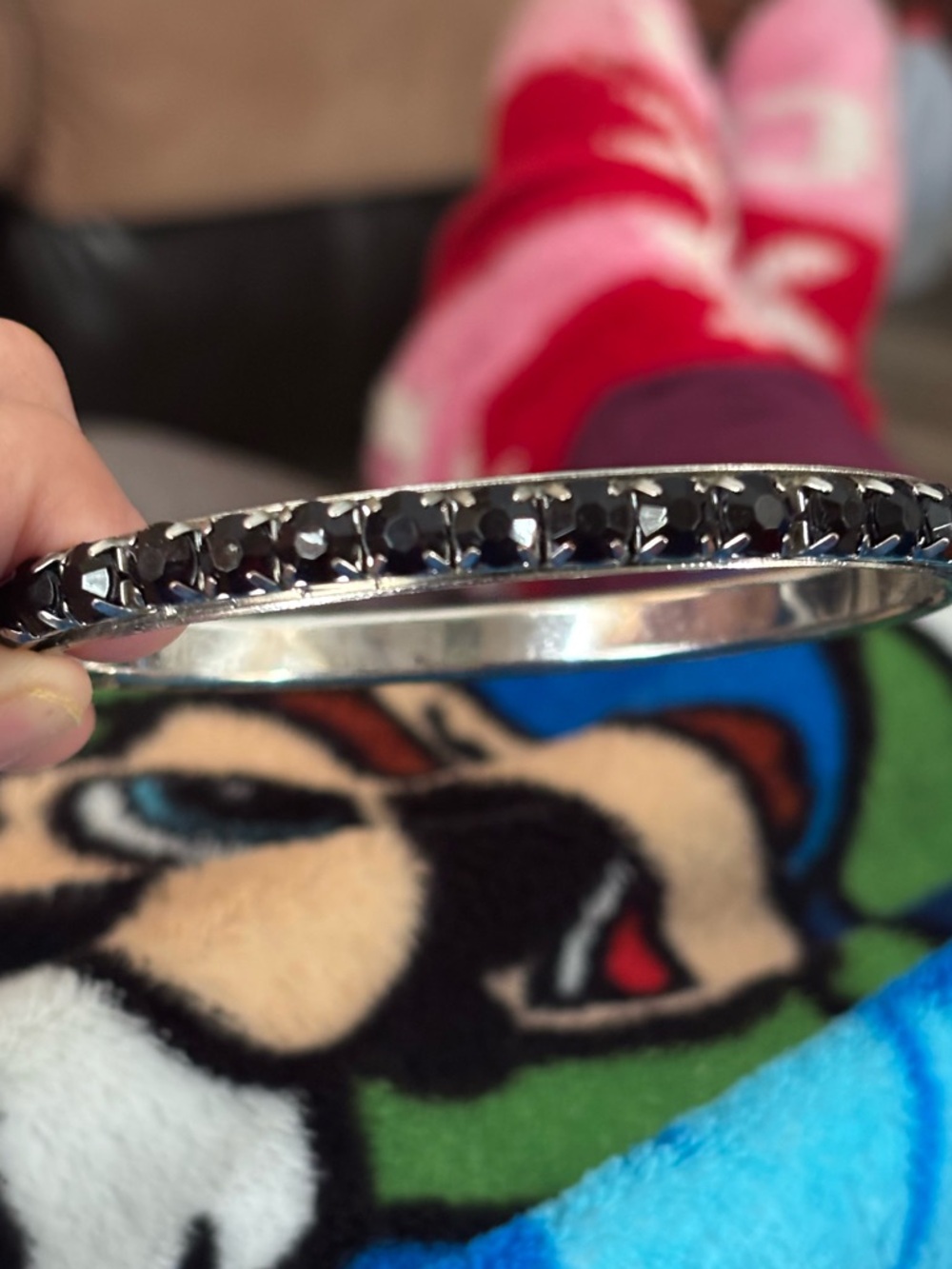 Vintage Black Crystal-Embellished Silver Bangle